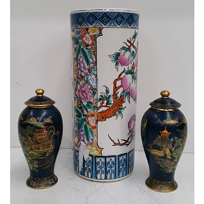 Pair of Carlton Ware Mikado Urns and a Modern Chinese Polychromed Porcelain Hat Stand With Peach and Peony 