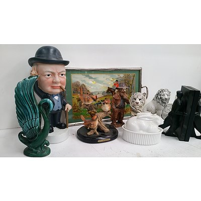 German Mixed Media Hunting Scene Bookend, Pair of Chris Colliott for Kirkerland Bookends, Chruchill Statue and More