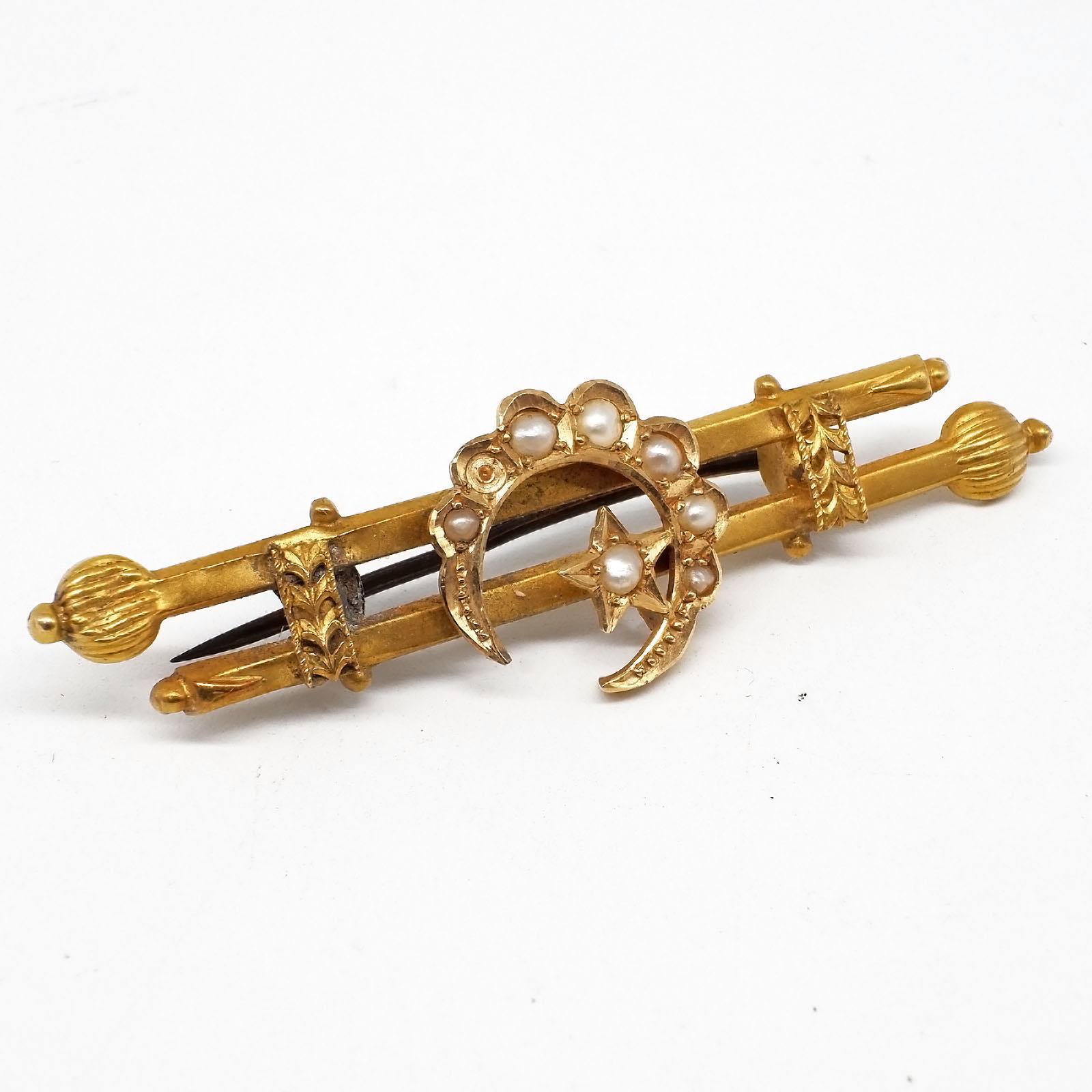 'Antique Australian 15ct Yellow Gold Bar Brooch With Crescent Moon and Star and Seven Half Seed Pearls, 3.6g'