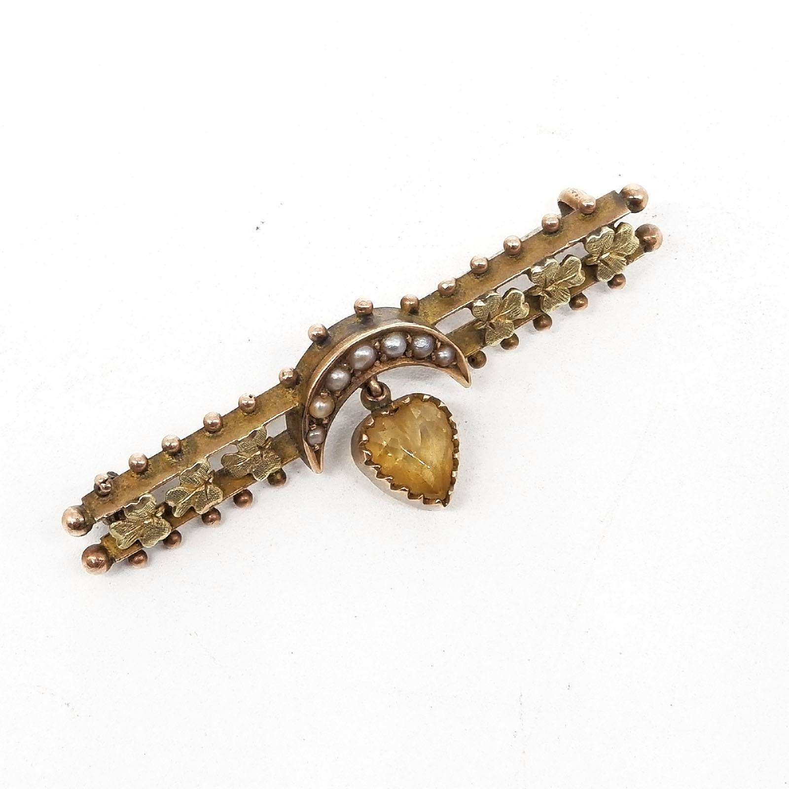 'Antique 9ct Yellow, Rose and Green Gold Bar Brooch with Cresent Moon; with Seven Half Seed Pearls and a Heart Shaped Drop of Citrine in Claw Setting, 2.5g'