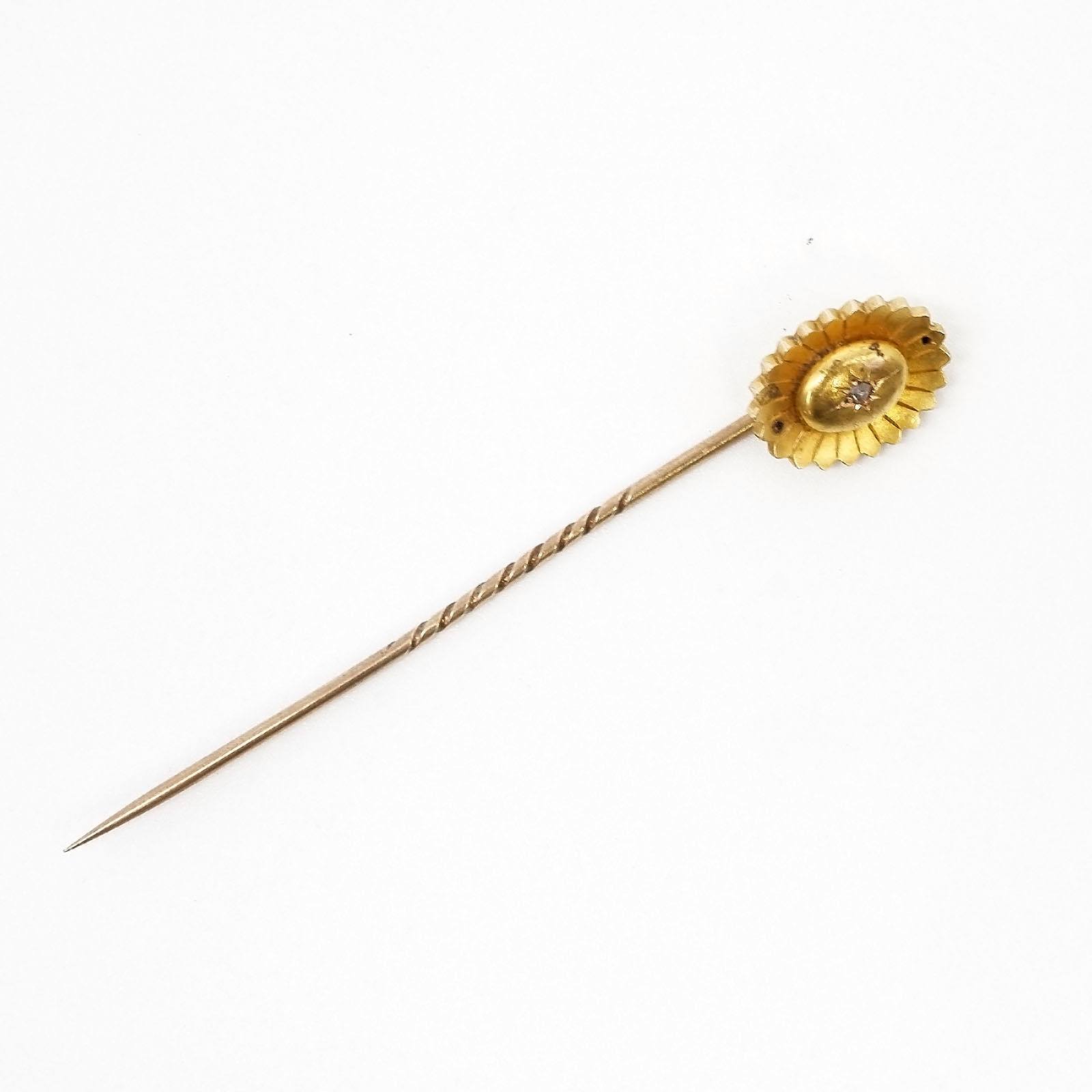 'Antique 9ct Yellow Gold Lapel Pin with 15ct Yellow Gold Flower Shaped Head and One Rose Cut Diamond, 2g'