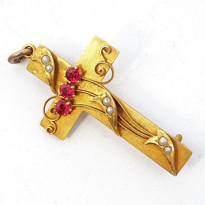 Antique Australian 15ct Yellow Gold Cross Pendant and Brooch with Three Garnet Topped Doublets and Paste Seed Pearls Set into Sheets on Top of Cross