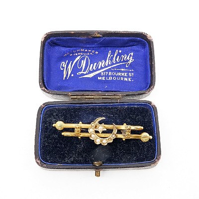 Antique Australian 15ct Yellow Gold Bar Brooch With Crescent Moon and Star and Seven Half Seed Pearls, 3.6g