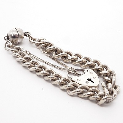 Sterling Silver Curb Link Bracelet with Heart Lock, 33.5g