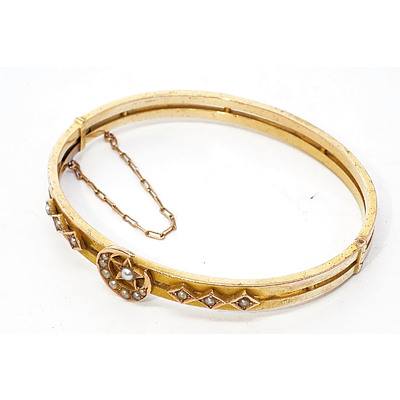 Antique Australian 15ct Yellow Gold Hinged Bangle, Top with Crescent Moon and Star with Six Diamond Shaped Boxes all Set with Half Seed Pearls, 9.7g