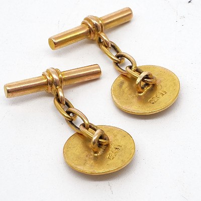 15ct Yellow Gold Gents Cuff Links with a Round Oval Cabochon at Centre in a Star Setting, 6.6g