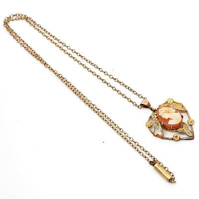 Antique Rolled Gold Pendant with Shell Cameo on a Curb Link Chain