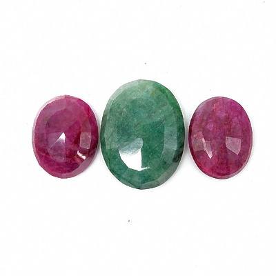 Facetted Opaque Ruby 24.5 by 19.5mm, Facetted Opaque Ruby 19 by 18mm and Facetted Opaque Emerald 32 by 24.5mm