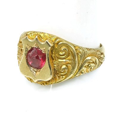 Antique 22ct Yellow Gold Gents Shield Ring with at Centre a Round Garnet Topped Doublet Set into the Shield, Heavily Hand Engraved Finish to Band, 8.2g