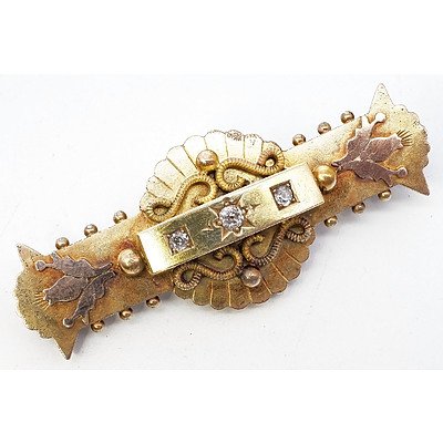 Antique Australian 15ct Yellow Gold Mourning Brooch with 15ct Pink Gold Thistles and Beads at each end, at centre Raised Box with Three Old Mine Cut Diamonds in Bead Setting, 9.3g