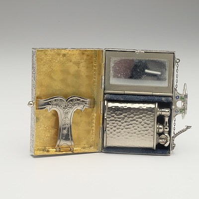 Vintage Silver Plated and Enamel Suitcase Form Compact, with Lighter and Powder Puff