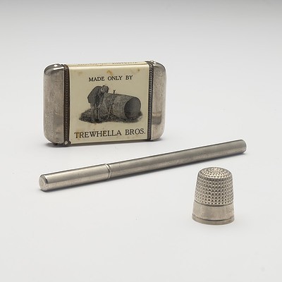 Silver Plated Trewella Bros Promotional Vesta, German Silver Plated Thermometer Case and a Thimble