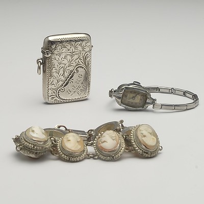 Sterling Silver Vesta, Chester, Albert Platnauer, 1901 23g, Silver Plated Cameo Bracelet and a Ladies Swiss Wristwatch