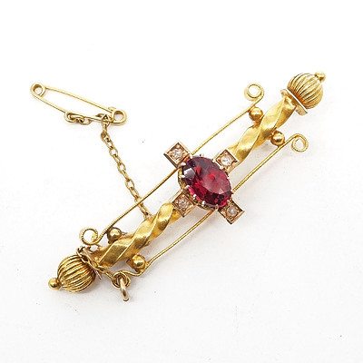 Antique Australian 15ct Yellow Gold Bar Brooch with at Centre Oval Facetted Garnet Topped Doublet and Four Rose Cut Diamonds Set in a Cross, 5.9g