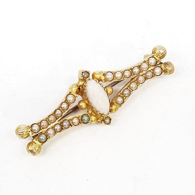 Antique Australian 15ct Yellow Gold Bar Brooch with at Centre Marquite Cabouchon of Solid White Opal and Paste Beads to Imitate Half Seed Pearls, 5.3g