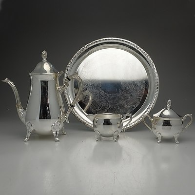 R. Morgan Collection Silver Plated Three Piece Coffee Set With Round Tray