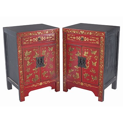 Pair of Small Chinese Polychrome Lacquered Cabinets with Butterflies, Late 20th Century