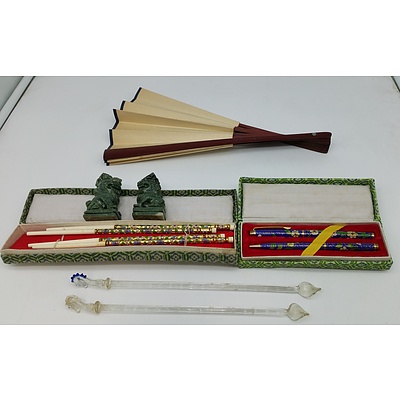 Cloisonne Fountain Pen and Pencil Set, Pair of Small Soapstone Temple Dogs and More 