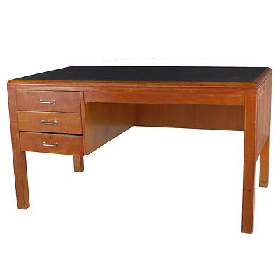 Vintage Maple Executive Desk with Faux Leather Inlay