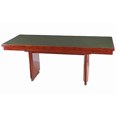 Vintage Library Table with Green Faux Leather Top