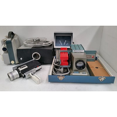 Vintage Video Camera, Slide Projectors, Film Editor and Film Projector