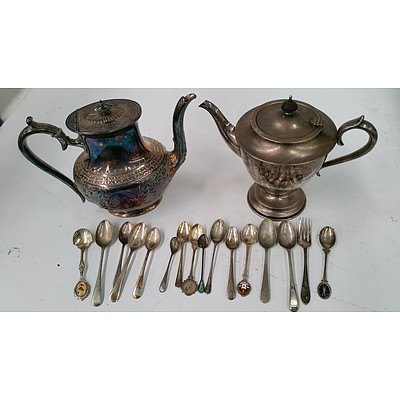 Two Silver Plated Teapots and 16 Vintage Spoons/Forks