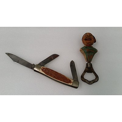 Vintage Antler Handled Pocket Knife and Caricature Bottle Opener