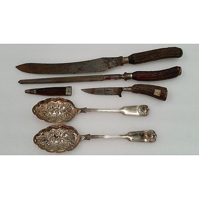 Two Silver Plated Kings Pattern Berry Spoons, Antler Handled Carving Set and More