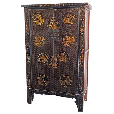 Large Chinese Export Black and Polychrome Lacquered Cabinet, 20th Century