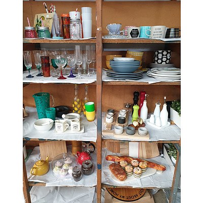 Selection of Assorted Crockery, Glasses, Kitchen Items, Chopping Boards, Realistic Artificial Bread & Cupcakes