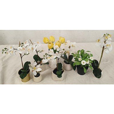 Selection of Artificial Flowers in Pots - Lot of Eight