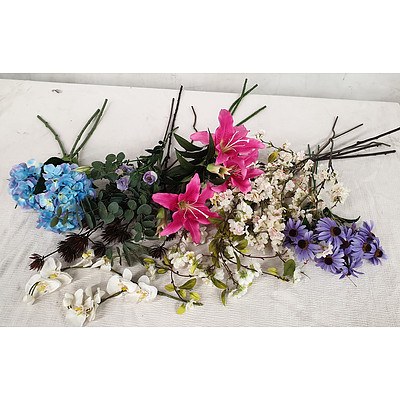 Selection of Artificial Long Stemmed Flowers and Artificial Gum Leaves
