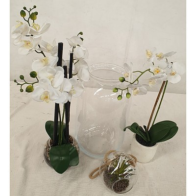 Large Glass Vase, Artificial Potted Orchids, and Artificial Hanging Fern with Bowl