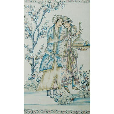 Indo-Persian School , Lovers in a Garden , W/Clr on Silk or Cotton