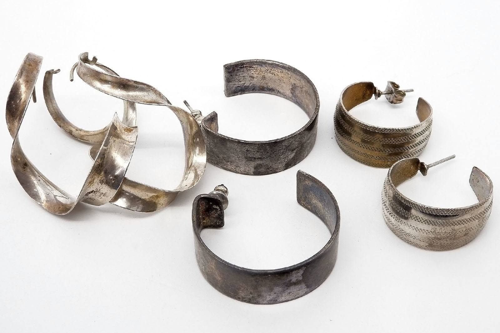 'Three Pairs of Sterling Silver Hoop Earrings'