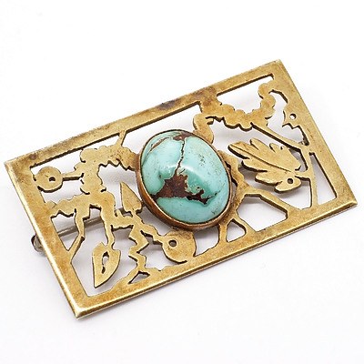 Large 9ct Yellow Gold Square Pierced Floral Designed Brooch in Centre an Oval Cabochon of Turquoise, 12.5g