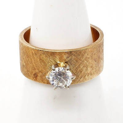 14ct Yellow Gold Ring with Satin Finish and Raised White Gold Six Claw Setting for a Round Brilliant Cut Diamond