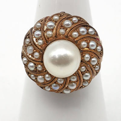 14ct Yellow Gold Pearl Ring with Round Cluster of 36 Small Seed Pearls in Parve Setting in Swirl