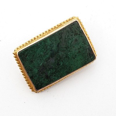9ct Yellow Gold Brooch with Small Square Cabochon of Natural Green Opaque Semi Precious Gem