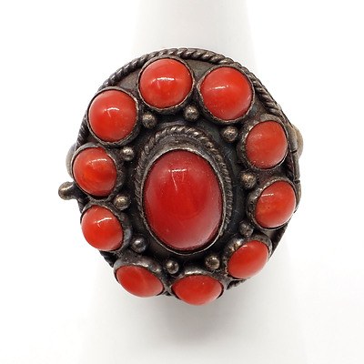 Silver and Red Coral Cluster Ring