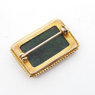 9ct Yellow Gold Brooch with Small Square Cabochon of Natural Green Opaque Semi Precious Gem