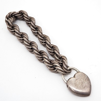 Monogrammed Sterling Silver Hollow Twisted Rope Bracelet with Heart Lock