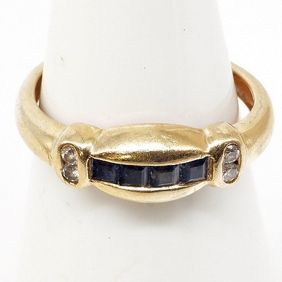 14ct Yellow Gold Ring with Four Carre Cut Blue Sapphires and Four Round Brilliant Cut Diamonds, 2.1g