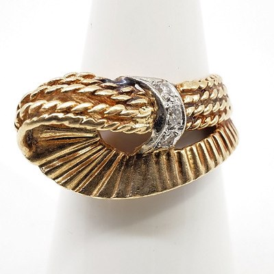 14ct Yellow Gold Ring with Abstract Style Knot With a White Gold Sheet and Three Round Brilliant Cut Diamonds, 6.4g