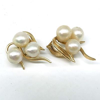 Pair of 14ct Yellow Gold Cultured Pearl Clip on Earrings, 10.6g