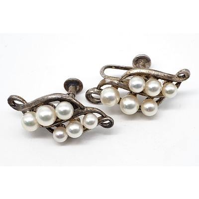Silver Mikimoto Screw on Earrings, with Six Round Cultured Pearls, White with Very High Lustre 