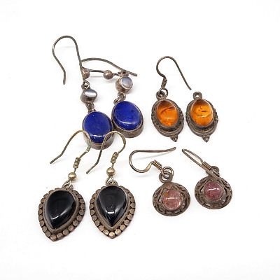 Four Pairs of Silver Drop Earrings, Lapis Lazuli, Onyx, Amber and Pink Tourmaline 