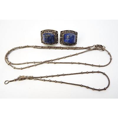 Chinese Silver Screw on Earrings With Lapis Lazuli and a Silver Chain with Matching Bracelet