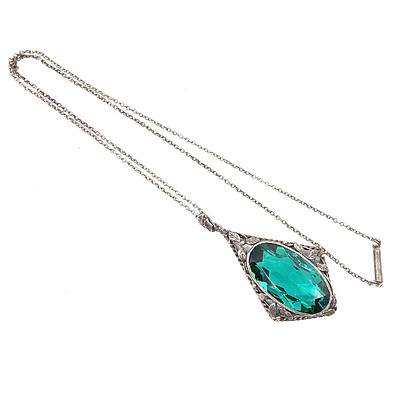Antique Silver Pendant with Large Oval Facetted Green Paste Bezel Set in Floral Design on a Silver Chain