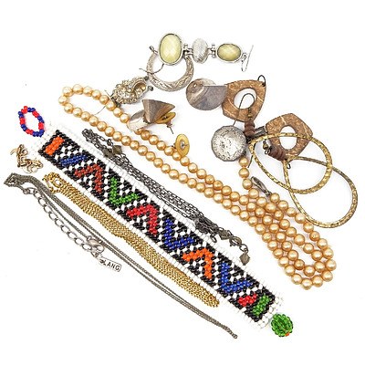 Faux Pearl Necklace, Beadwork Bracelet, Leather Pouch and More